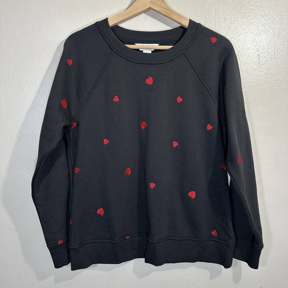 Christopher & Banks Women's PM Hearts Crewneck Sweatshirt Black - Picture 2 of 4
